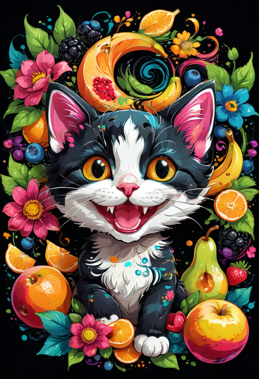  arte vetorial para  t shirt design, of a colorful illustration of a smiling kitten, At the center, swirly vibrant colors, flowers, fruits, high détail,black backdrop.t shirt design.
(work of art, UHD quality, details in 16k, proffesional, perfect composition, very aesthetic, absurdrez, super verbose, details Intricate:1.3)