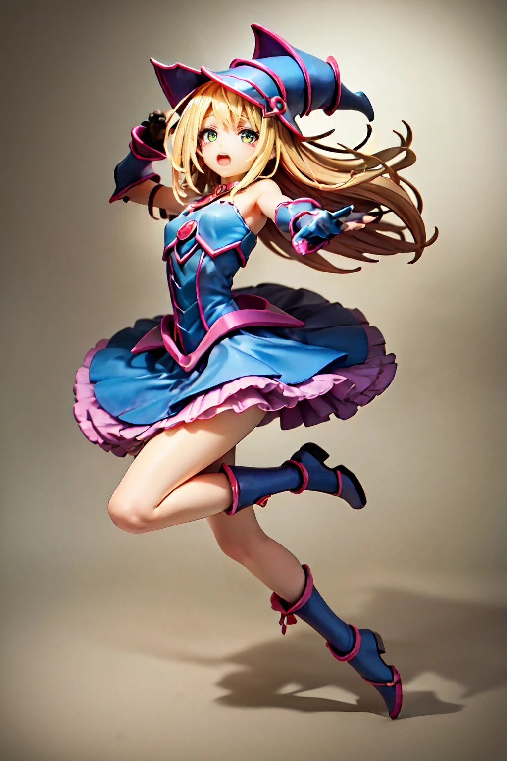 dark magician girl, Super detailed, Very detailed, masterpiece, 最high quality, 最high quality, Absurd, High resolution, Black Magician Girl, (One girl:1.2), alone, Detailed face, Dynamic pose, Hair flow, (whole body:1.1), Blonde, Long Hair, View your viewers, Green Eyes, Detailed skin, chest, Manicure, skirt, Blue footwear, Blue hat, Wizard's Hat, Cane, I have a hat, (Blue panties:0.9), masterpiece, Very detailed, A magnificent composition, high quality, 最high quality, 4K, (white background:1.5)