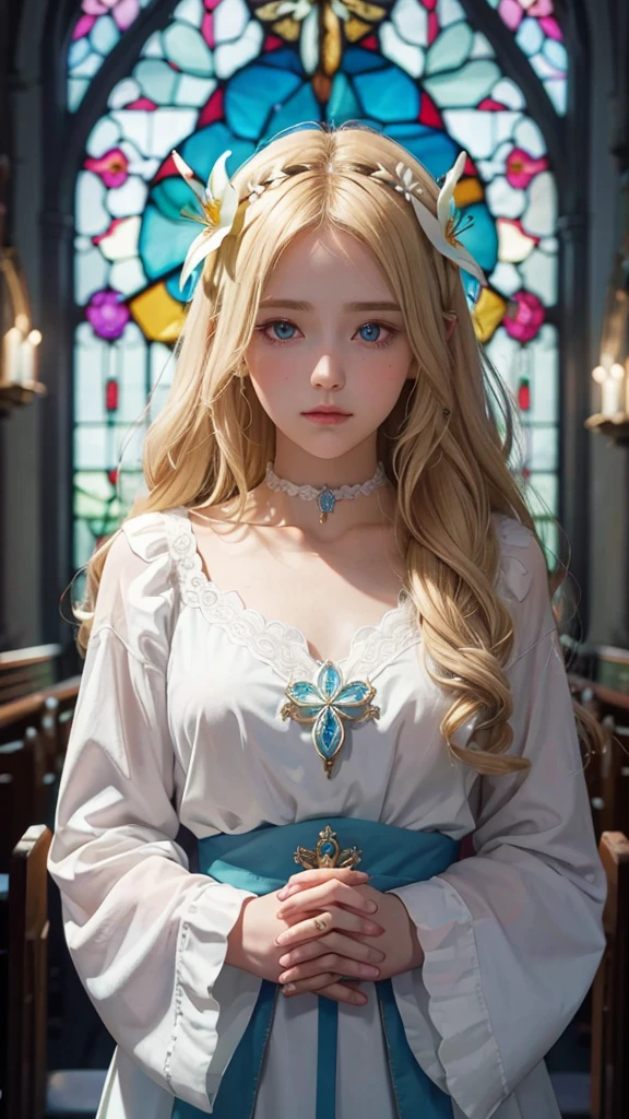 One girl, Medium chest, Blonde, Long Hair, Wavy Hair, Colorful Eyes、 church,Stained glass, White blouse, choker, Blue Gemstone Brooch,(( Lily flower)),(prayer),Cut Amen,((face down))
