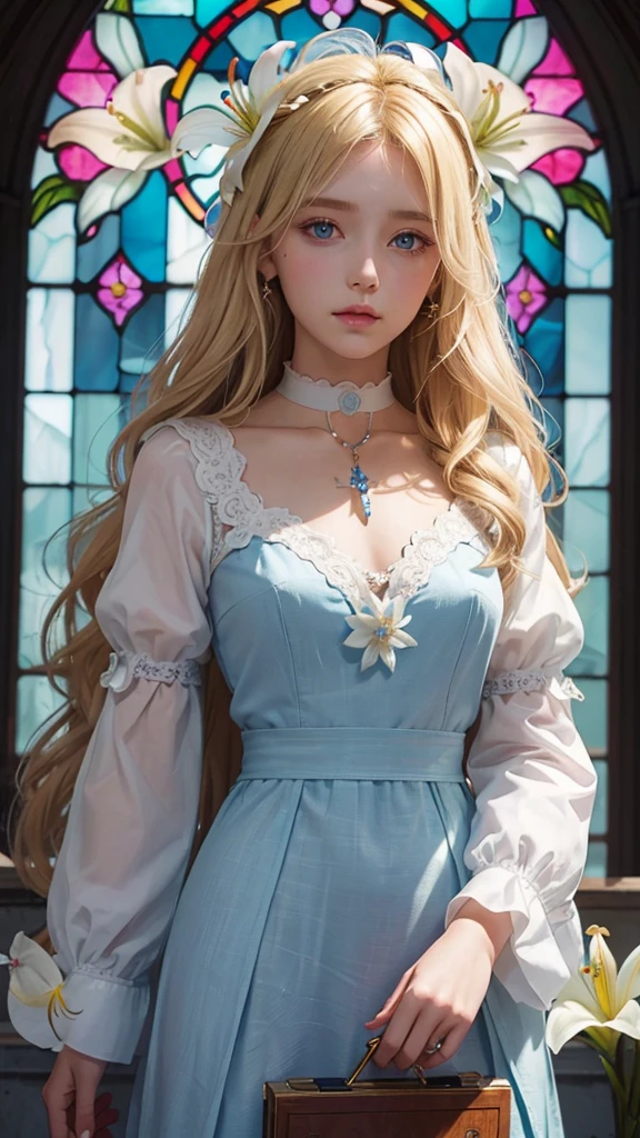 One girl, Medium chest, Blonde, Long Hair, Wavy Hair, Colorful Eyes、 church,Stained glass, White blouse, choker, Blue Gemstone Brooch,(( Lily flower)),(prayer),Cut Amen,((face down))