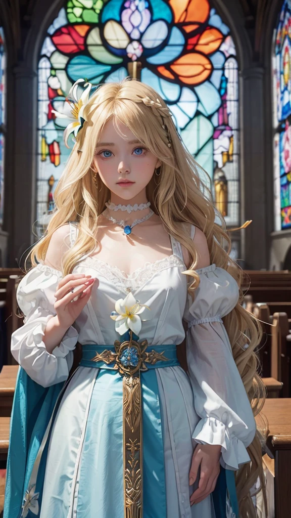 One girl, Medium chest, Blonde, Long Hair, Wavy Hair, Colorful Eyes、 church,Stained glass, White blouse, choker, Blue Gemstone Brooch,(( Lily flower)),(prayer),Cut Amen,((face down))