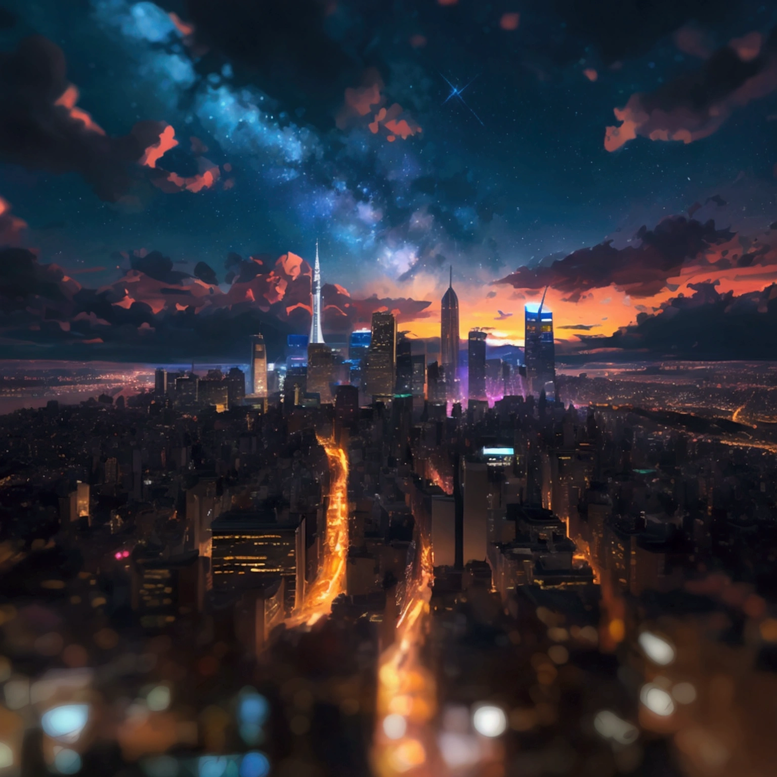 4K Wallpaper Images,Precision Animation,Overlooking,No people,The glittering night view of the big city and the beautiful starry sky,引いた画角からOverlookingで見ている構図,No people,