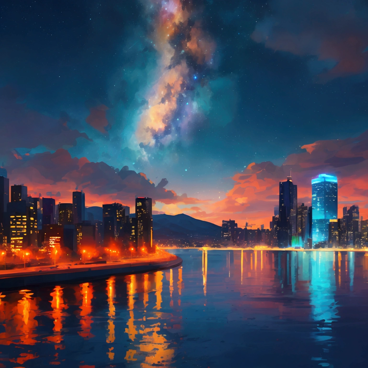 4K Wallpaper Images,Precision Animation,Overlooking,No people,The glittering night view of the big city and the beautiful starry sky,引いた画角からOverlookingで見ている構図,No people,