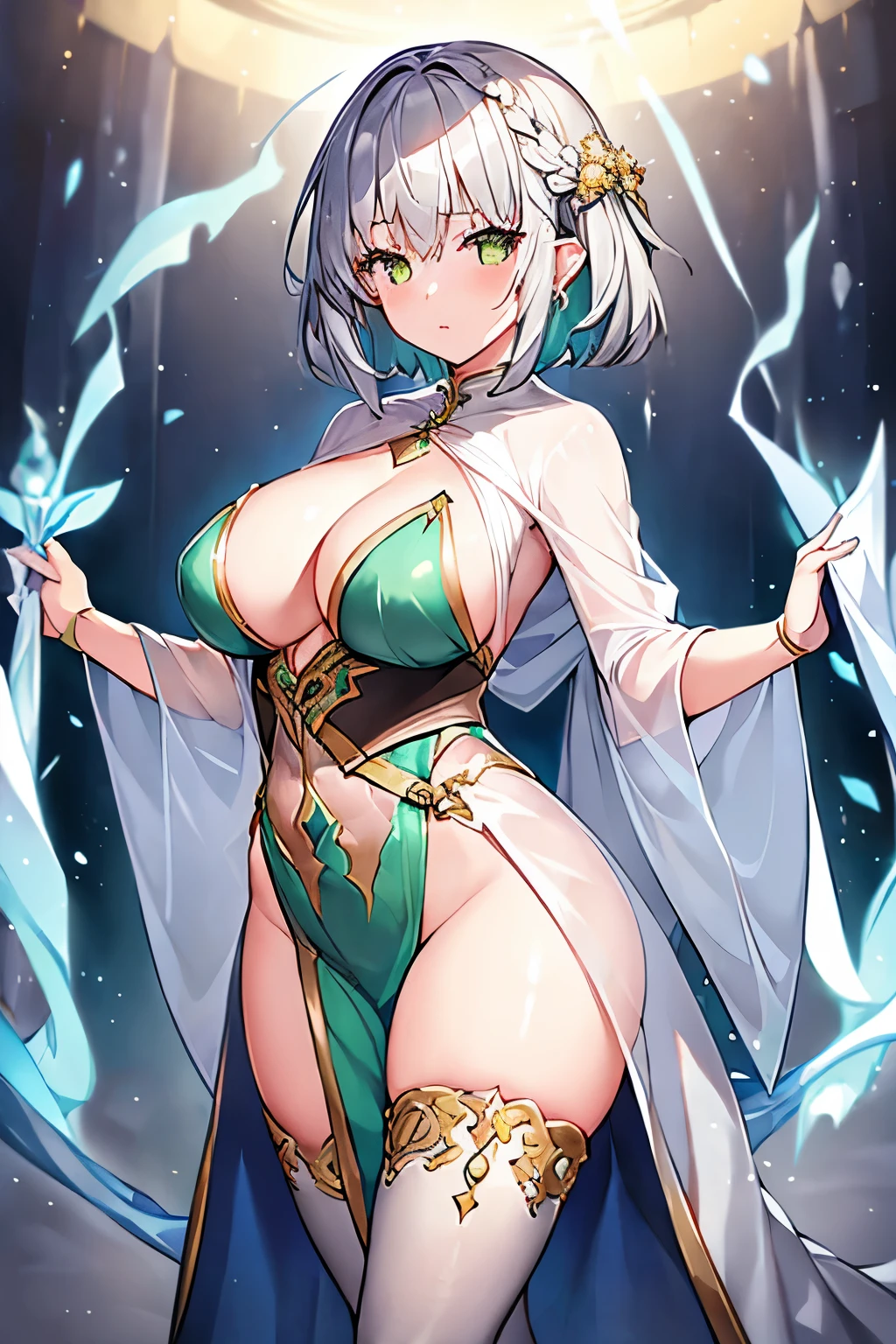 1 girl、Silver short hair、((See-through material、Wizard Robe、Long gloves))、Green and yellow decoration、Chest a little big、thunder、Expose、Dirty、Shameless