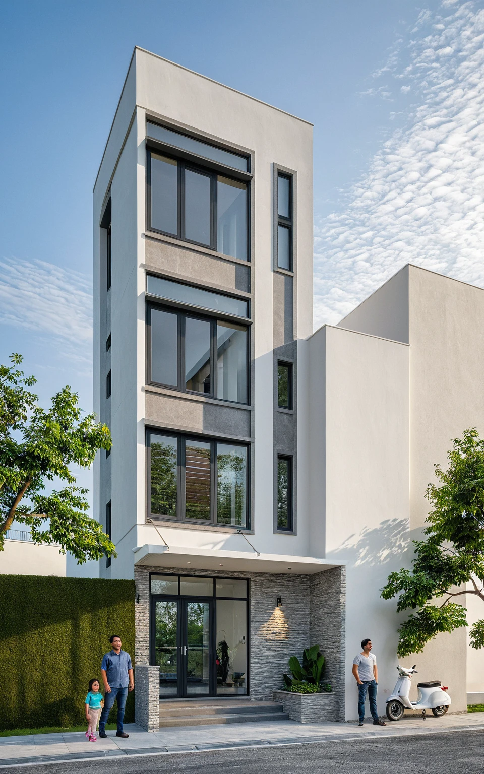 Raw photo, great product, high quality, best quality, authentic, super detailed, outdoor, 2-storey house, modern townhouse style, (white wall), Gray stone fence, painted curved wall white, Curved wall facade, aluminum glass door interior, white painted curved planter, gray tiled wall, gray iron box outer gate, road, sidewalk, grass, trees, sky, clouds, (daylight):1.1)