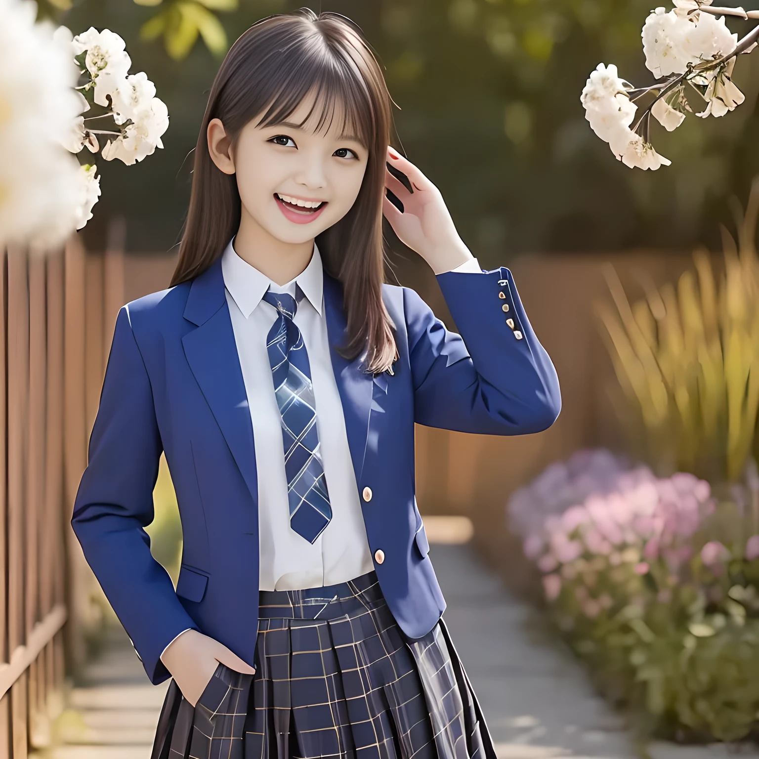 (Highest quality, masterpiece:1.2), Highest quality, High resolution, 1080P, 8K, height: 165cm, ((A noble and intelligent girl who looks like a best proportion Japanese young lady is giggling while magically hypnotizing the viewer)), ((So sweet, very noble, cute and pretty Japanese beautiful cute girl)), ((A real, very girly, sweet, cute and noble girl)), ((((A 14 years old, smiling beautiful Japanese cute fashion model)))), ((((Very pure white face and limbs)))), Glossy Lips, (Evenly cut bangs), ((Very beautiful, smiling brown, droopy, cute, pure, noble eyes)), ((Super long, straight black hair that reaches the floor)), Very shiny, Glossy Lips, Open hand over open mouth, Beautiful straight hair like a hair model, Watch and laugh at your audience, ((Incredibly well organized, Rich facial expressions. Plump and beautiful white skin and face)), ((Pure, clear, gentle smiling eyes)), ((Smile at me)), Glossy Lips, ((Noble and elegant)), ((As the succubus charms you with her magic and giggles)), ((((Succubus is fascinating、Calling to the depths of eternity)))), Very beautiful blue skirt, ((Large upward-curving lips)), ((Look directly at the viewer)), White Hand, ((Navy Japanese School Blazer, Navy and sapphire blue Japanese school uniform tartan check pattern pleated long skirt, Blue string ribbon tie)), ((((An ecstatic expression of boundless joy)))), ((White flowers garden background))