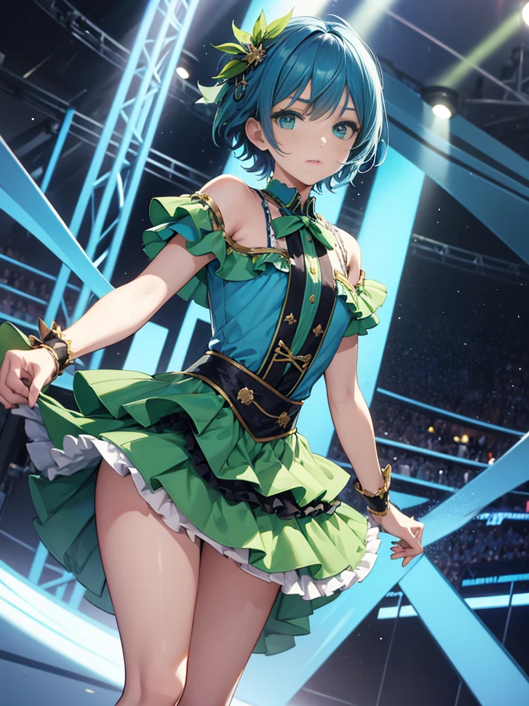 1boy, blue hair, ((green eyes)), ((idol costume)), blue dress, layered skirt, short hair, crossdressing