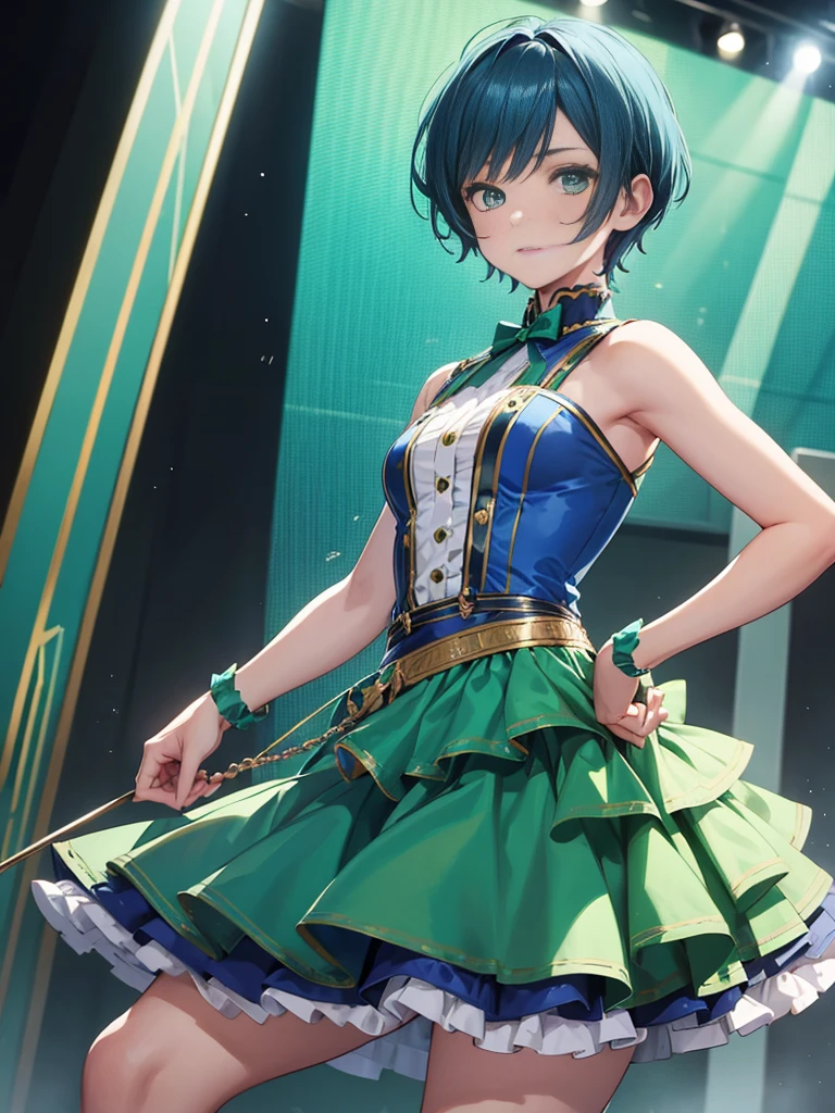 1boy, blue hair, ((green eyes)), ((idol costume)), blue dress, layered skirt, short hair, crossdressing