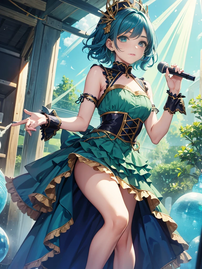 1boy, blue hair, ((green eyes)), ((idol costume)), blue dress, layered skirt, short hair, crossdressing