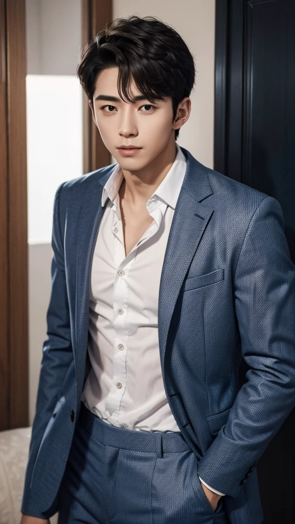 The young man is so handsome he looks like he came out of a men's shower gel commercial., (doubt), shirt, active, on the road, crowded