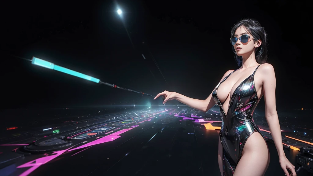 (best quality,4k,8k,highres,masterpiece:1.2),ultra-detailed,(realistic,photorealistic,photo-realistic:1.37),vibrant colors,electronic music background,full color,photo,poster,fashion,abstract design,modern style,dynamic energy,energetic atmosphere,striking visual effects,pulsating rhythm,creative visuals,stylish composition,glowing lights,futuristic elements,technological elements,synthesizer,turntables,CDJs,headphones,neon lights,glittering disco ball,dancing crowd,stylishly dressed models,(((black sunglasses, medium-breast:1.2))),eclectic fashion choices,colorful patterns,shimmering fabrics,sharp lines,mirror reflections,playful poses,dynamic movement,dynamic light and shadow,dazzling visual spectacle,artistic expression,electric ambiance,multimedia experience, cinematic lighting, lens flare, ray tracing