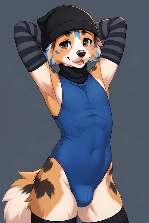 ((SFW)) ((18, cute, furry, Australian Shepherd dog boy femboy wearing a blue sleeveless turtleneck leotard a bulge, black beanie, and black and blue striped thigh-high socks, best quality)) ((hands behind head)) ((exposed hips))