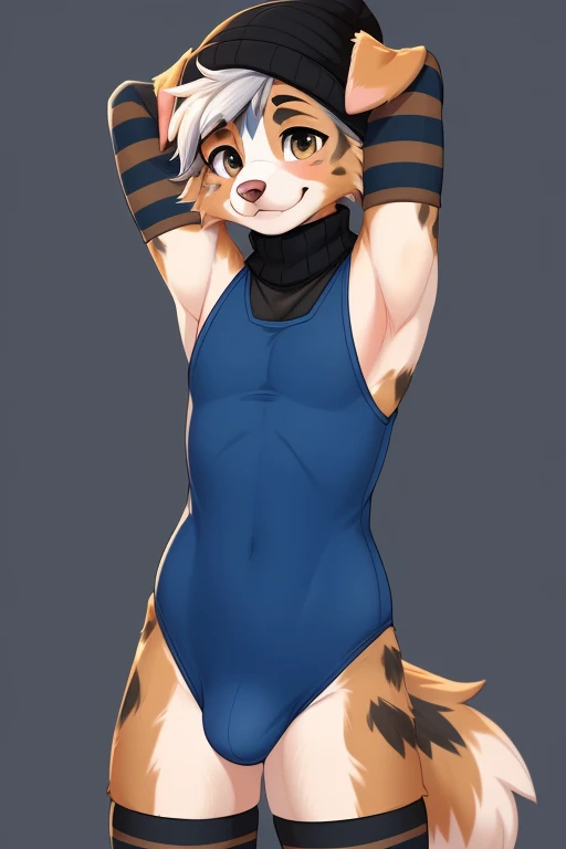 ((SFW)) ((18, cute, furry, Australian Shepherd dog boy femboy wearing a blue sleeveless turtleneck leotard a bulge, black beanie, and black and blue striped thigh-high socks, best quality)) ((hands behind head)) ((exposed hips))