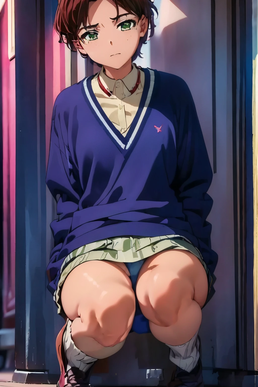 1boy and 1girl, masterpiece, highres,short hair,green eyes,MomoeSawakiR4,blue sweater Sex buttocks ass penis and vaginal girl on top