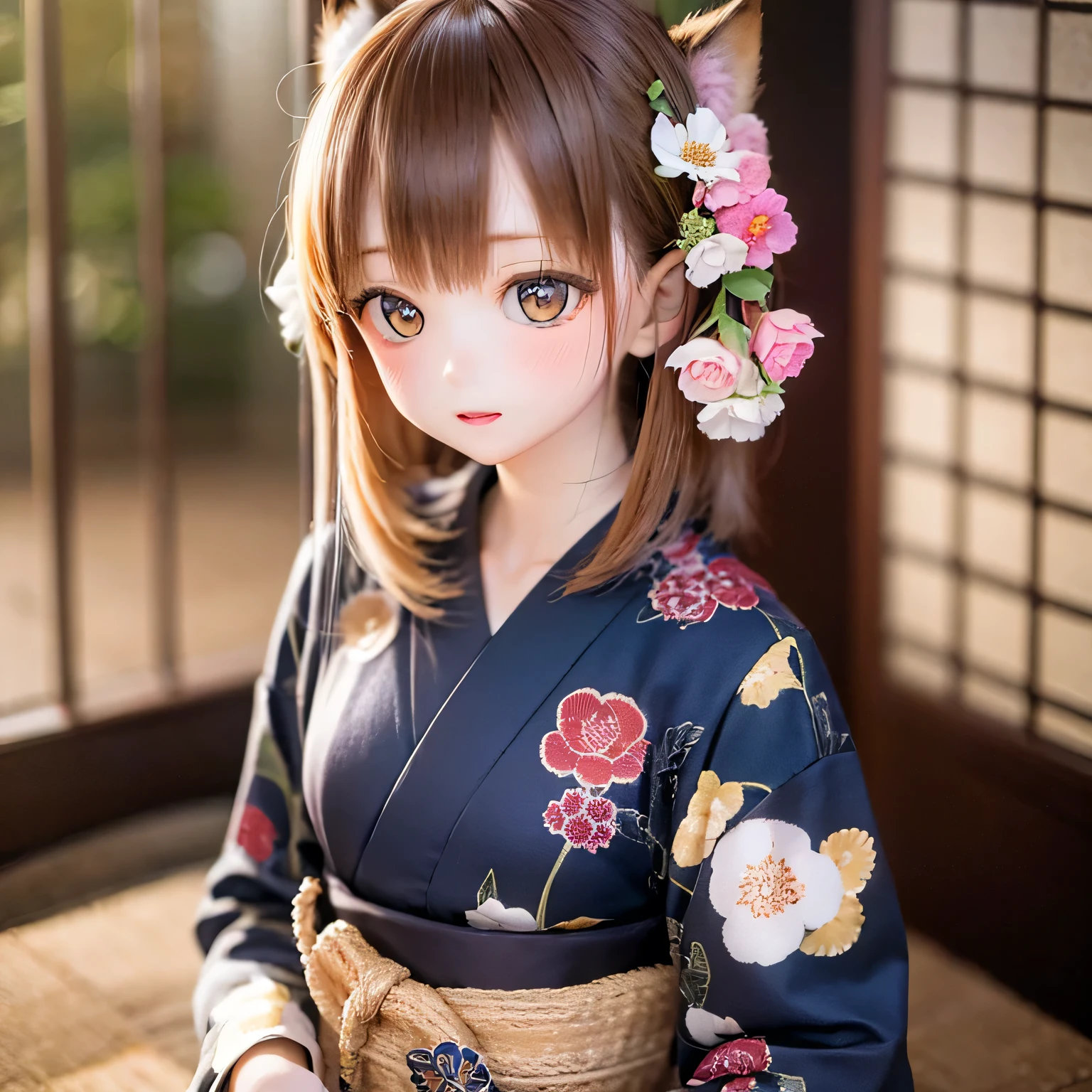 Cute little fox in a traditional Japanese inn, Wearing a beautiful floral yukata, Run through lush, tranquil gardens, Colorful flowers, Small pond with carp, Detailed facial features, A yukata with a complex pattern, Soft lighting, pastel colour, Vibrant, Realistic, 8K, Very detailed, masterpiece, Studio Lighting, Structure of the film
