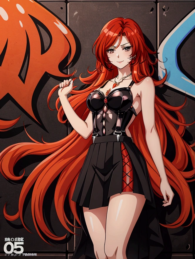 Anime girl with red hair and black suspender skirt in front of graffiti wall, 25 years old,long hair anime girl, She has long reddish-orange hair., Attractive anime girl,Bare arms,Bare arms,Bare legs,Black necklace,Tie-strap skirt,Front view,First Perspective,high quality,16K,Exciting appearance,very clearly,Exquisite mature facial,Royal sister