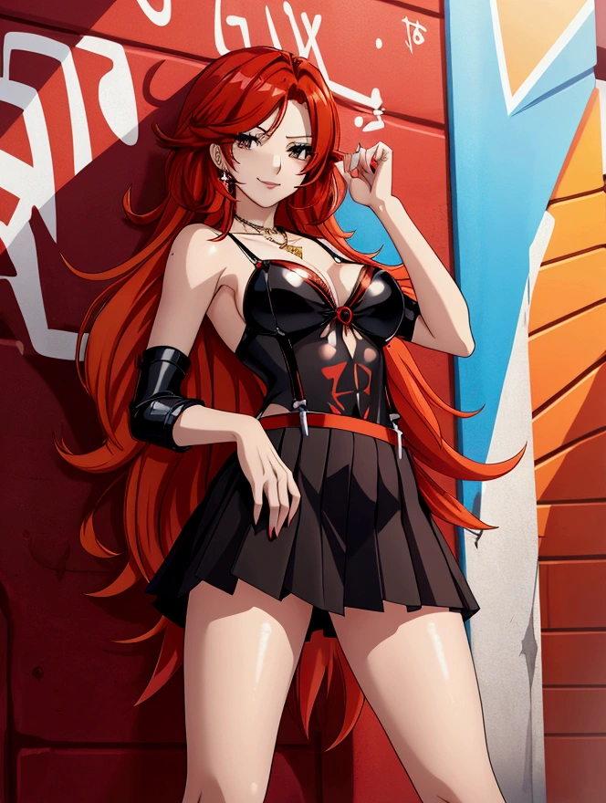 Anime girl with red hair and black suspender skirt in front of graffiti wall, 25 years old，long hair anime girl, She has long reddish-orange hair., Attractive anime girl,Bare arms，Bare arms，Bare legs，Black necklace，Tie-strap skirt，Front view，First Perspective，high quality，K，Exciting appearance，very clearly，Exquisite mature facial，Royal sister