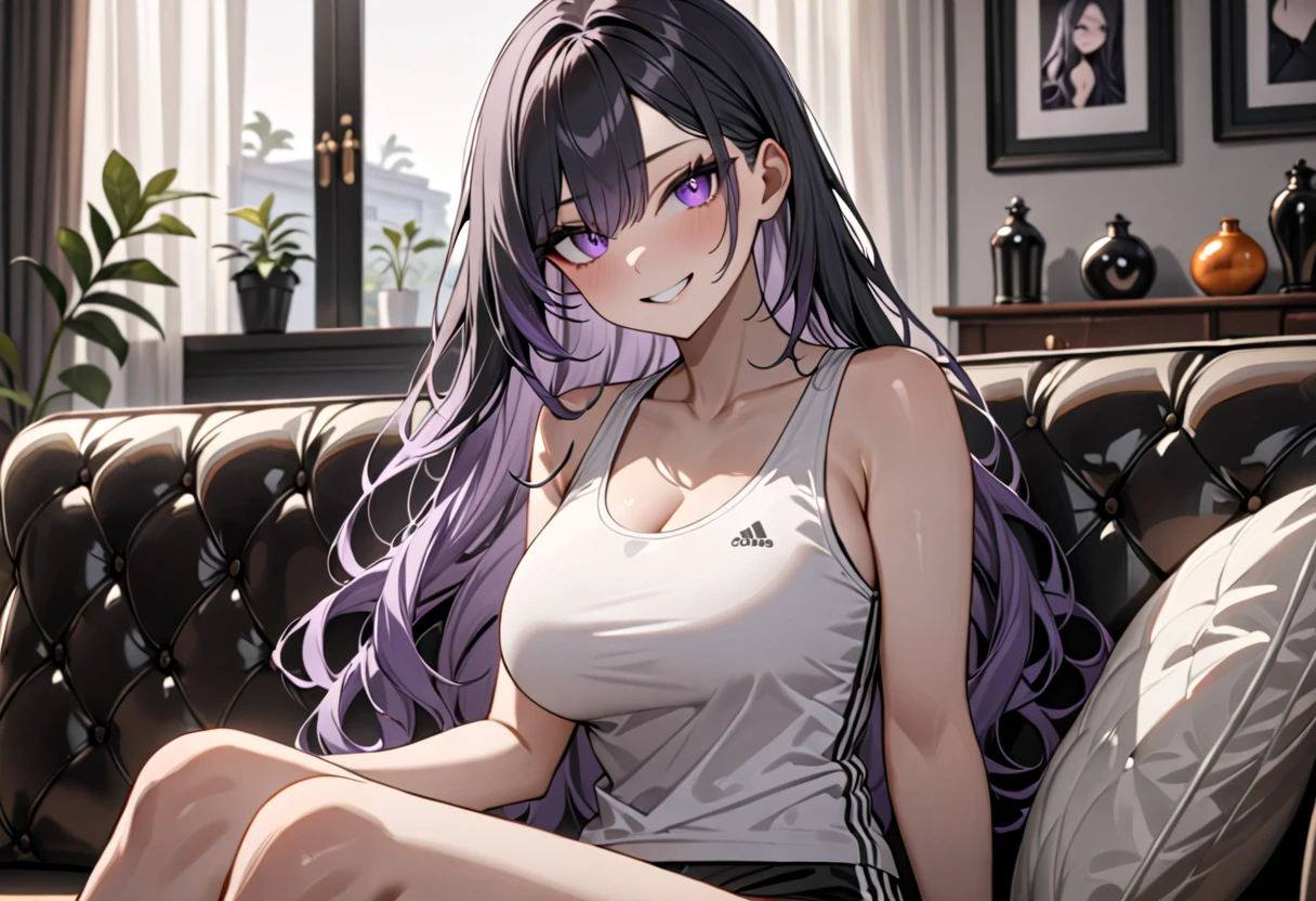 1girl, violet eyes, black silver gradient hair, long hair, decent large breast, sinister smile, white tank top, black gym short, living room, sitting on sofa, looking at the viewer, masterpiece, best quality, very aesthetic, absurdres, newest, intricate details, intricate, (SuperQuality:1.0) ~ (SuperQuality:1.2)