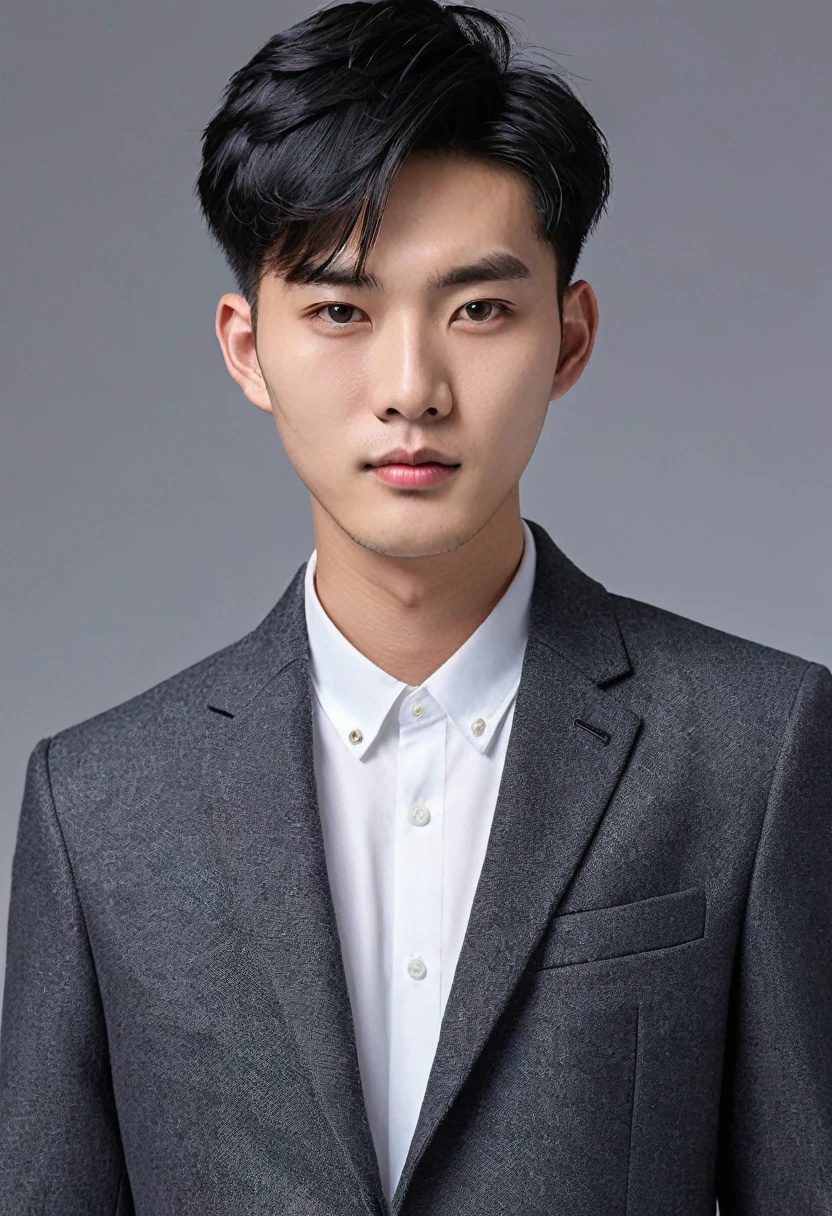 Generate an ultra realistic image of a handsome 20-year-old Chinese man, slim, slim, ectomomhe, asymmetrical face, new, CEO, passionate, serious and extremely cold countenance, CEO clothes, short black hair, face of a 20-year-old man