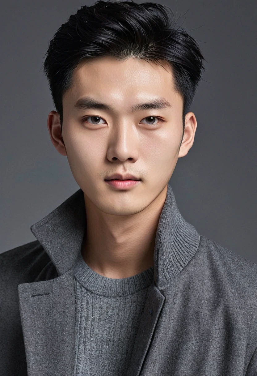Generate an ultra realistic image of a handsome 20-year-old Chinese man, slim, slim, ectomomhe, asymmetrical face, new, CEO, passionate, serious and extremely cold countenance, CEO clothes, short black hair, face of a 20-year-old man