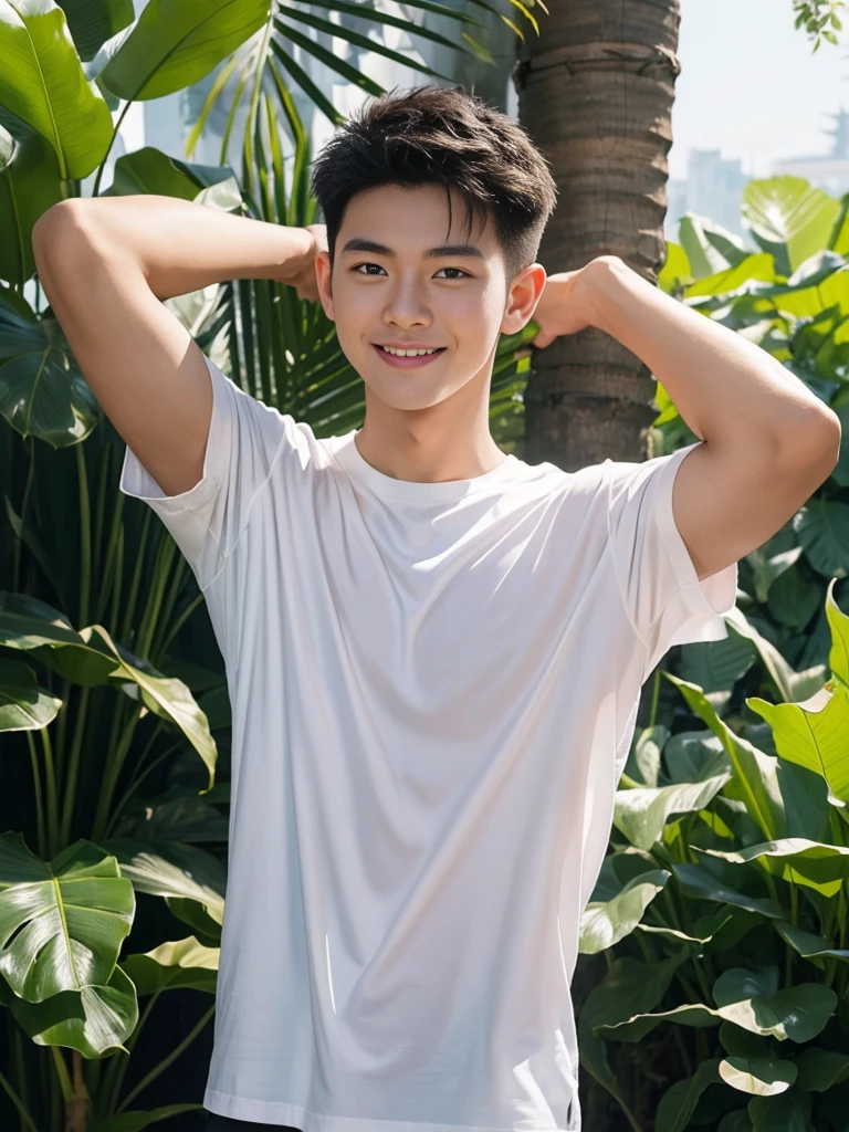 man , Raise your arms behind your back. , white t-shirt, black short hair , outdoor , cute smile , หน้าhandsomeแบบเกาหลีสมจริง , modest muscles , Masterpiece、High resolution、Surreal、detailed face、alone、man、Glowing skin、(Asia)、handsome、Detailed background