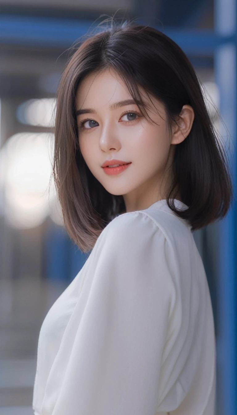 One Girl,beautiful girl,Photographed from waist to head、,fine grain, Perfect functionality, (masterpiece), (Highest quality), (Good quality), Intricate details, Ray Tracing, (See-through), (Bokeh), (Written boundary depth), Perfect Skin, Happy, (Medium Hair), (Long Bob Style),((Black Hair)), (((blue eyes))),clean、vulgar、Beauty