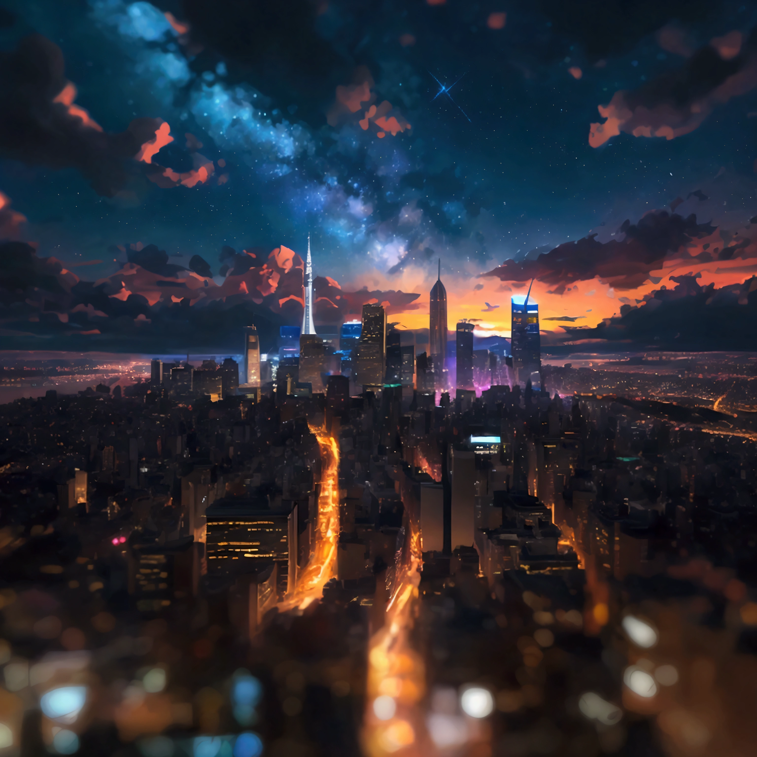 4K Wallpaper Images,Precision Animation,Overlooking,No people,The glittering night view of the big city and the beautiful starry sky,引いた画角からOverlookingで見ている構図,No people,