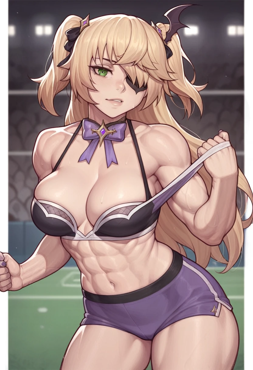 _asura style, fischl (genshin impact), 1girl, solo, muscular, biceps, sport woman, cleavage, looking at viewer, large breasts,