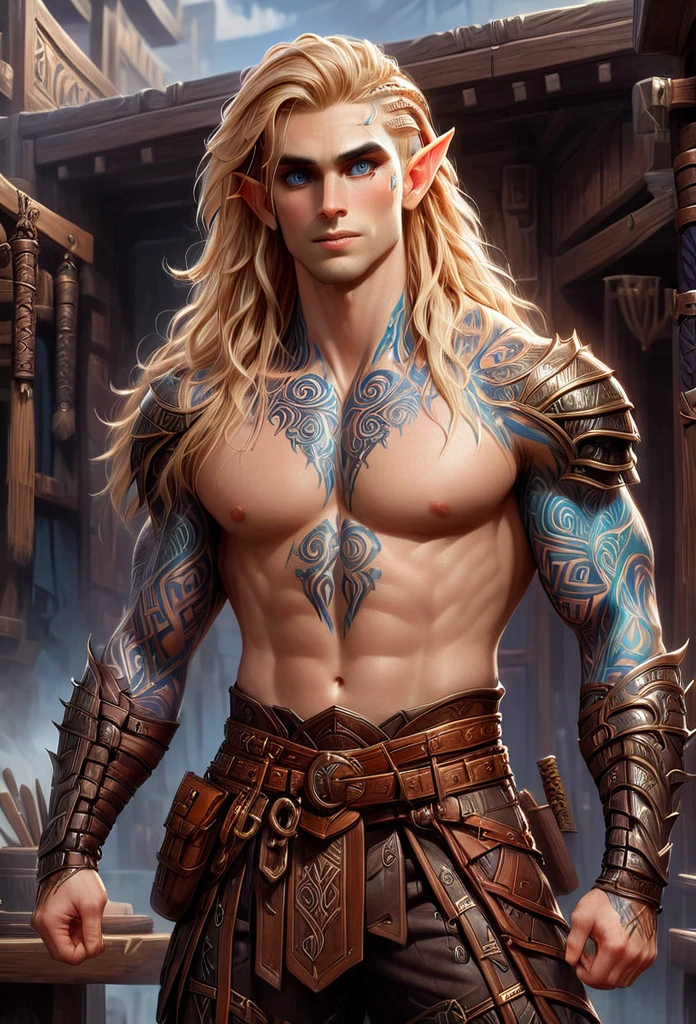 D&D character art. athletic slender male elf. colorful tribal and rune tattoos, big brown eyes, long wild blond hair with site cornrows. wearing fullplate armor. leather haka pants. a broad vicious hammer hanging from belt. standing in front of a magic shop in a fantasy magic marketplace. oil painting style
