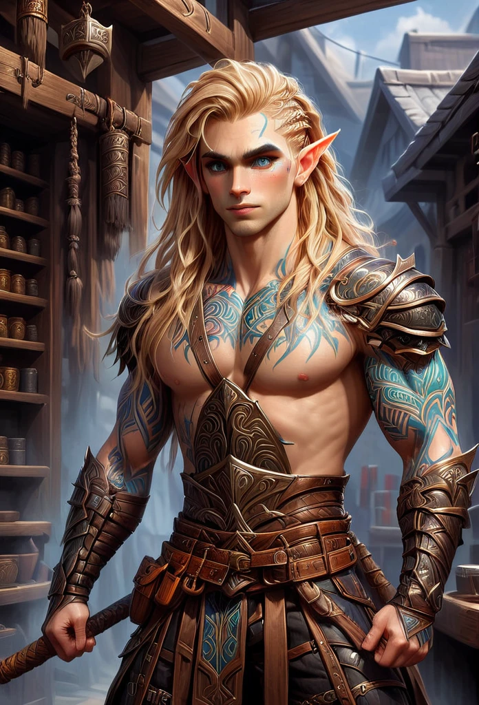 D&D character art. athletic slender male elf. colorful tribal and rune tattoos, big brown eyes, long wild blond hair with site cornrows. wearing fullplate armor. leather haka pants. a broad vicious hammer hanging from belt. standing in front of a magic shop in a fantasy magic marketplace. oil painting style
