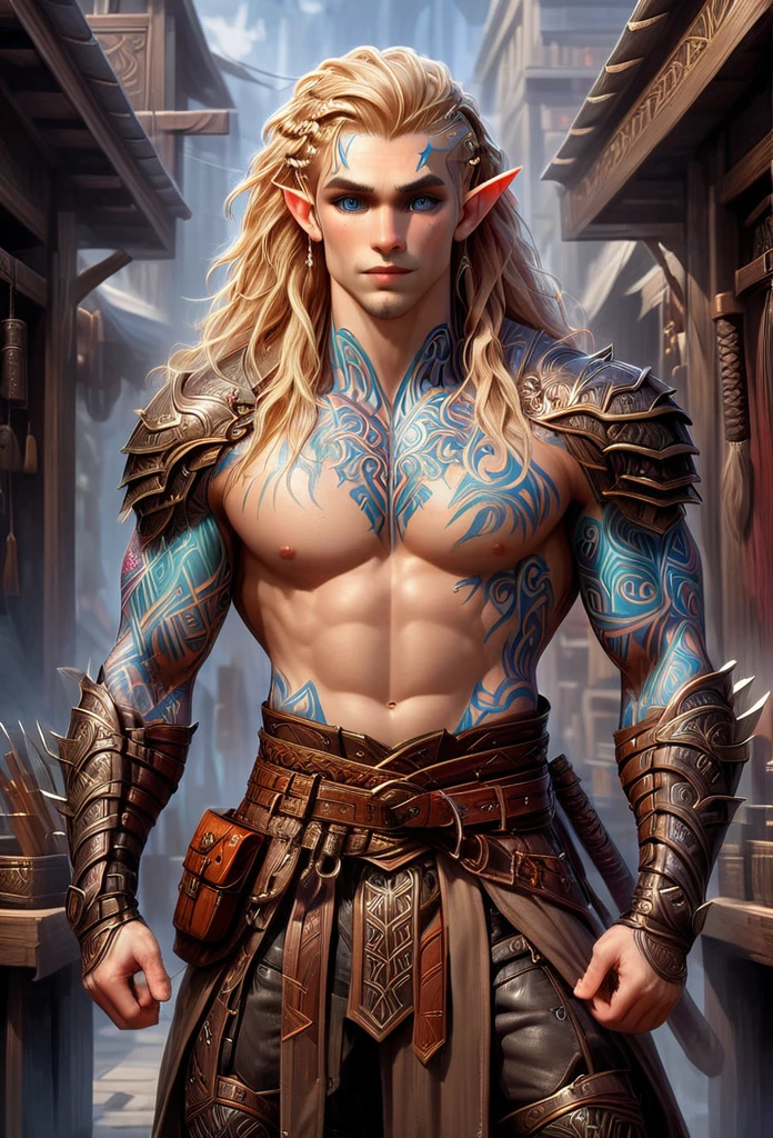 D&D character art. athletic slender male elf. colorful tribal and rune tattoos, big brown eyes, long wild blond hair with site cornrows. wearing fullplate armor. leather haka pants. a broad vicious hammer hanging from belt. standing in front of a magic shop in a fantasy magic marketplace. oil painting style
