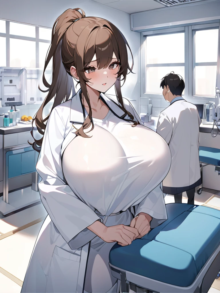 Highest quality、extremely detailed CG、One woman、27-year-old female、Huge breasts:1.3、sagging breast:1.3、White、white coat、white gown、Black inner shirt、Black inner shirtと白いコートを着てカメラに向かってポーズをとるアニメの女の子, (SFW) Safe at Work, breasts covered and SFW, (doctor), chic,Whiteを着て, Cel-shaded adult animation、Brown Hair、ponytail、Health Room、学校のHealth Room、health room