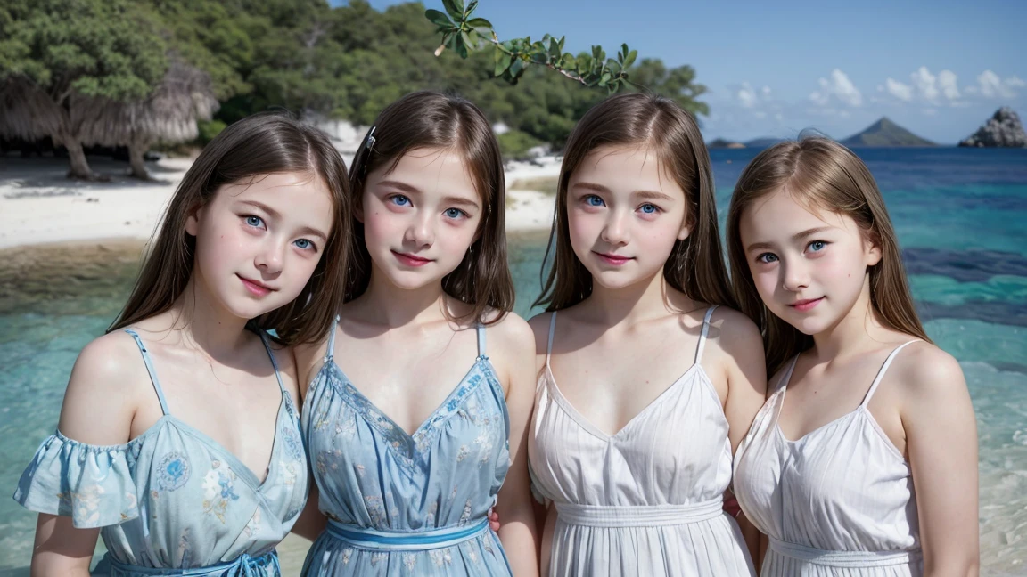 (3 girls), Young faceอินโดนีเซีย, smile, white skin, Round breast, blue eyes,((Chest island dress))Masterpiece, Highest quality, 8K, beautiful girl, Young face、 photography, Cute face, thigh,embarrassing valley、รอยsmile、(((((())))))、small waist、 ((Busty breasts))blue eyes((big breasts))