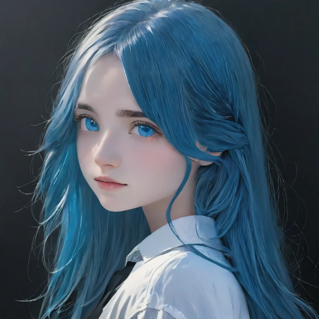 best quality, masterpiece, solo, 1girl, blue hair, long hair, white shirt, blue eyes, black beckground, full faces