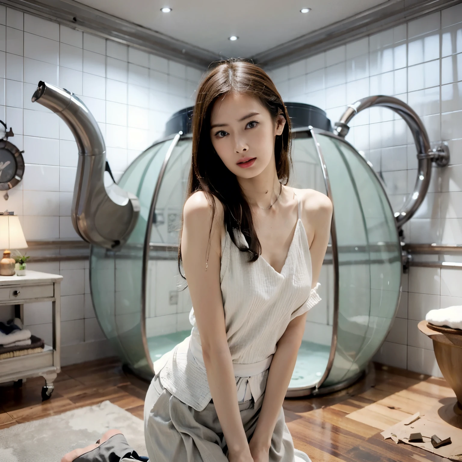 araffe asian woman in a white towel in a bathroom, ultra realistic concept art, trending on cgstation, korean girl, ultrarealistic concept art, korean woman, ultra realistic picture, photorrealistic concept art, japanese bathhouse, hyperrealistic concept art, artgerm ; 3d unreal engine, sexy girl, beautiful digital artwork