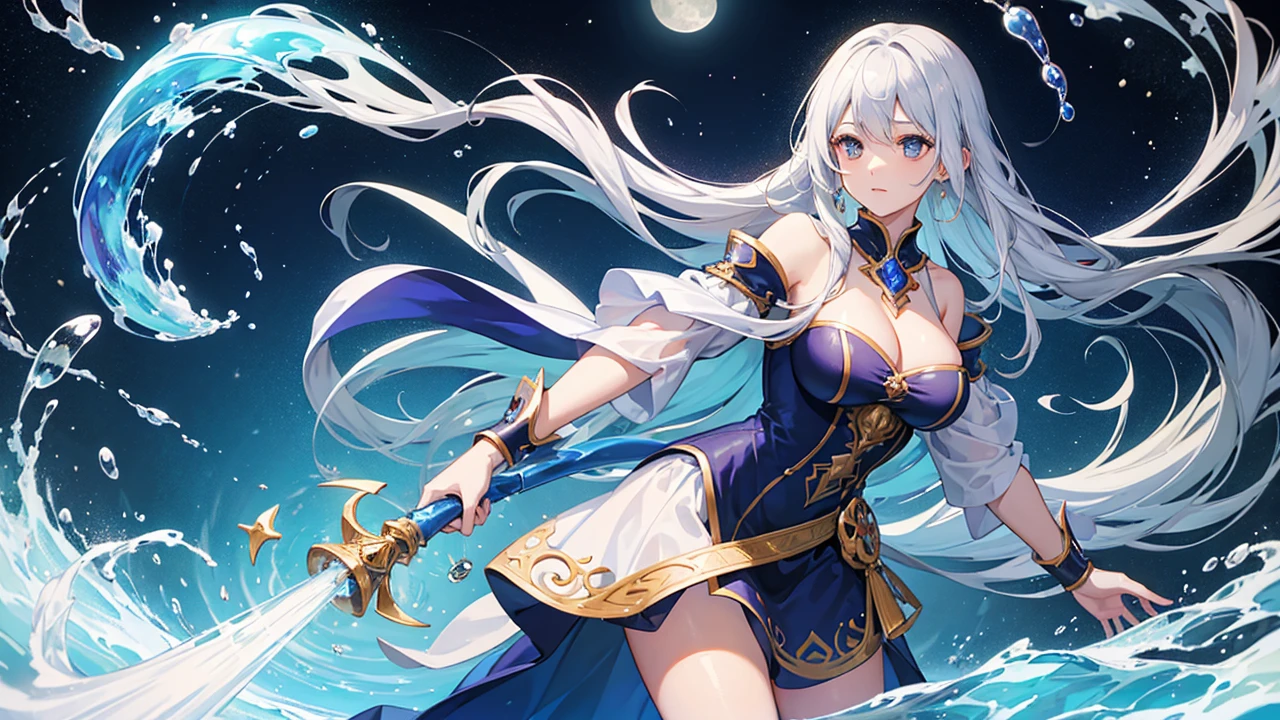 The beautiful female mage summons a water vortex to cast powerful water and moon magic
