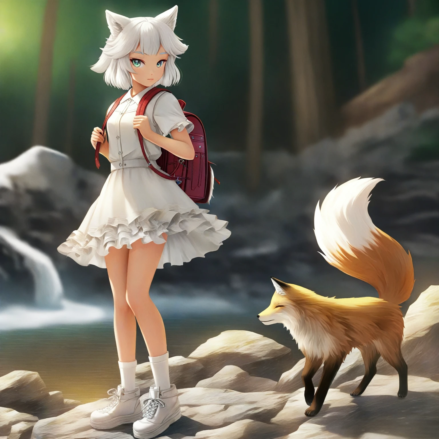 Anime girl with white hair and backpack standing next to fox, White fox, Fox Girl, arctic fox anime, anime style. 8K, Clean and detailed anime art, High-quality anime art style, anime nature, Popular on artstation pixiv, anime pictures, anime style 4 k, arctic fox, Fox Tail, beautiful anime artwork