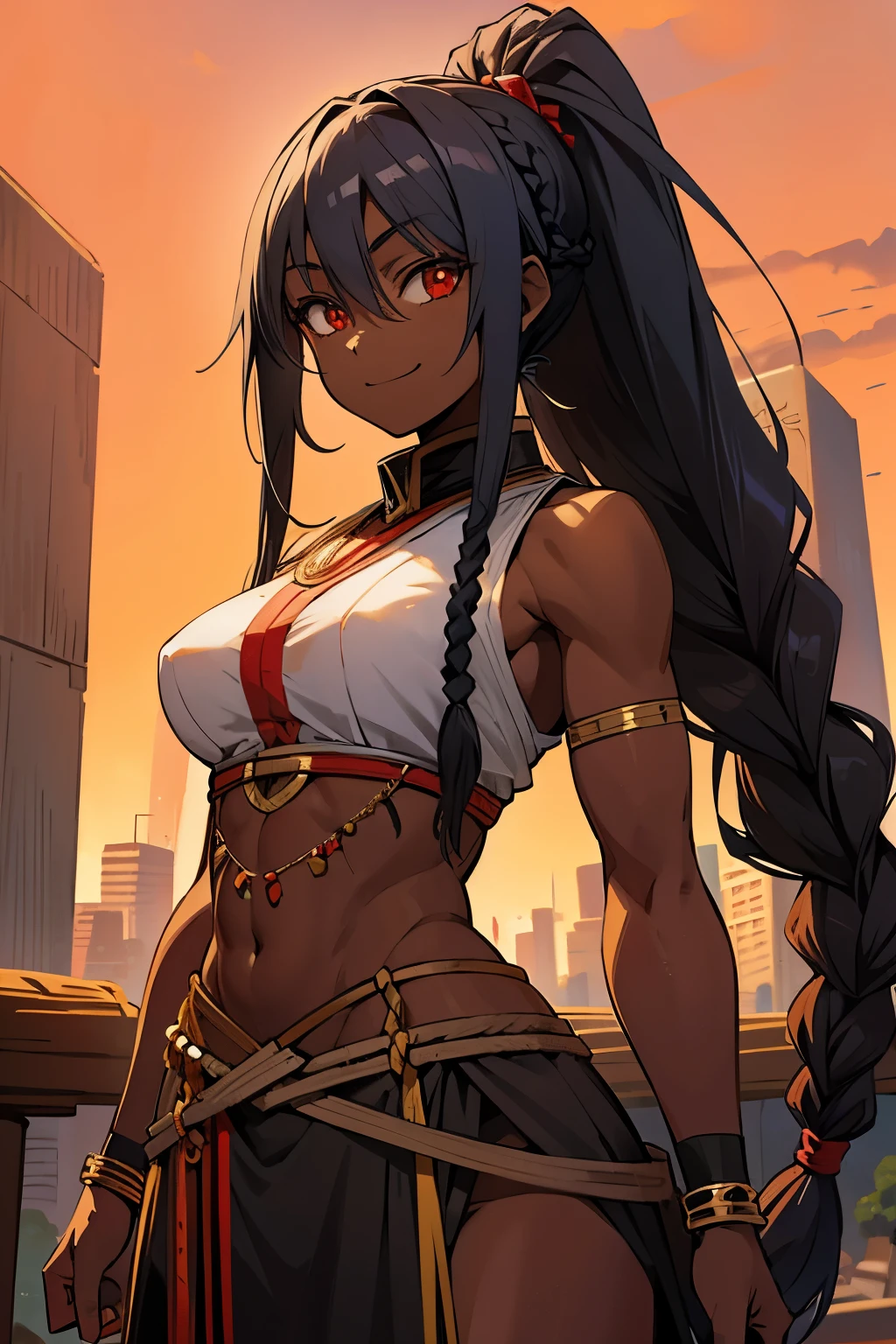 smile awkwardly, anime woman, african skin, red eyes, black hair, primitive clothing, braided ponytail, very muscular, very tall, dark skin