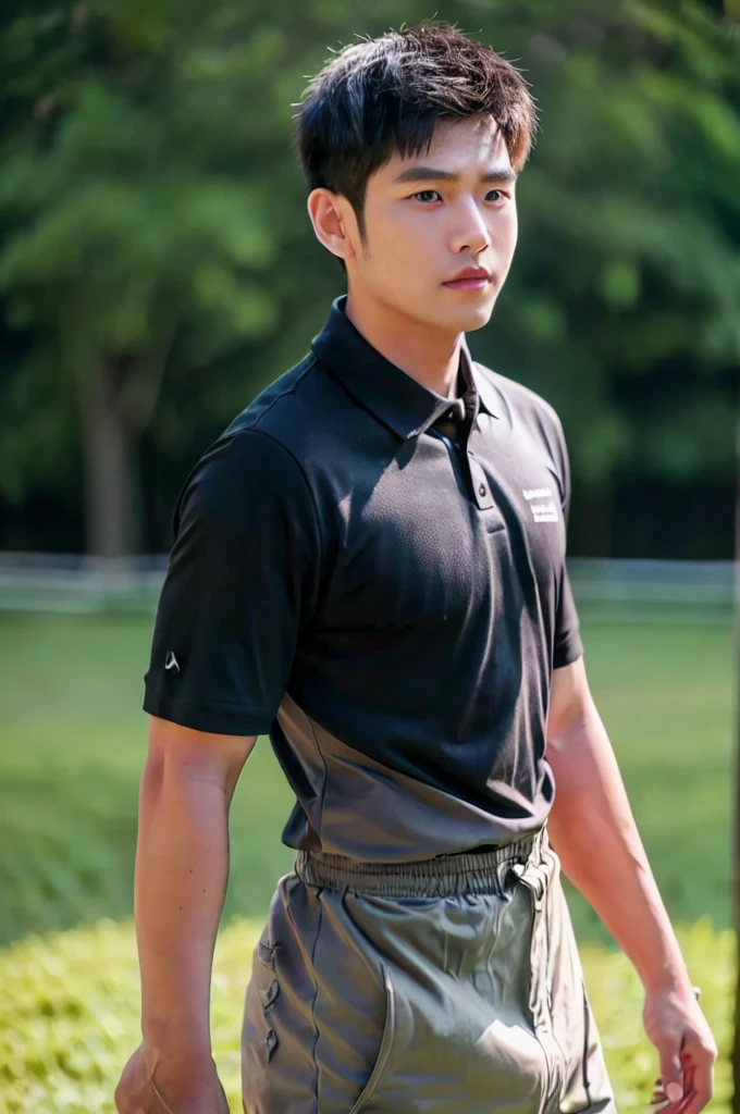((Highest quality, 8K, Masterpiece: 1.3))、Thailand Laos Burma Asia, Thai man, A handsome Asian rugby player with short hair, a muscular beard, and big muscles., 1A man who has、 yo、Good appearance、Beautiful nose、smile、 Detailed eyes and face、beautiful light、(studio)、high resolution、(Look at the viewer.)、Fine mouth、smile、whole body: 1.5, perfect shape: 1.3, looking at camera ,black polo shirt, ((field)), sunlight looking at the field