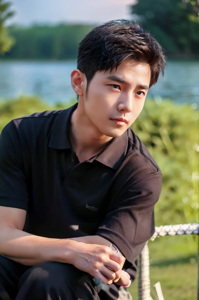((Highest quality, 8K, Masterpiece: 1.3))、Thailand Laos Burma Asia, Thai man, A handsome Asian rugby player with short hair, a muscular beard, and big muscles., 1A man who has、 yo、Good appearance、Beautiful nose、smile、 Detailed eyes and face、beautiful light、(studio)、high resolution、(Look at the viewer.)、Fine mouth、smile、whole body: 1.5, perfect shape: 1.3, looking at camera ,black polo shirt, ((field)), sunlight looking at the field
