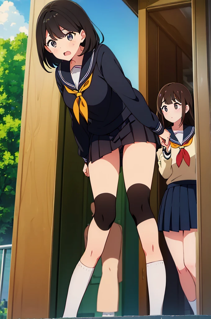 (Three Women:1.5)　,Dark Brown Hair,Black Hair,（Nose Brush:1.7） ,Surprised,Open your mouth,(school uniform),（Panties in full view:1.7),(Extremely high quality),（mini skirt）,nature,river,Shiny legs, Thighs,Cute face,（Looking up from below）,tall,Crouch