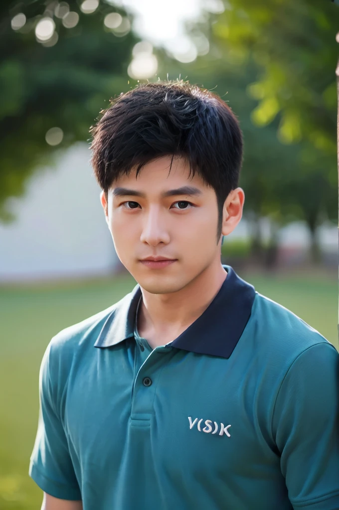 ((Highest quality, 8K, Masterpiece: 1.3))、Thailand Laos Burma Asia, Thai man, A handsome Asian rugby player with short hair, a muscular beard, and big muscles., １A man who has、 yo、Good appearance、Beautiful nose、smile、 Detailed eyes and face、beautiful light、(studio)、high resolution、（Look at the viewer.）、Fine mouth、smile、whole body: 1.5, perfect shape: 1.3, looking at camera ,black polo shirt, ((field)), sunlight looking at the field