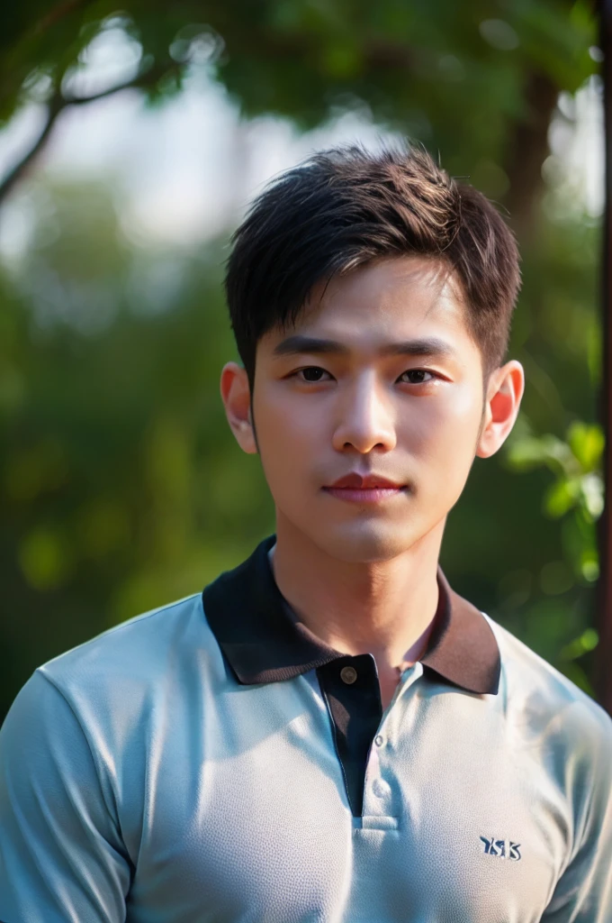 ((Highest quality, 8K, Masterpiece: 1.3))、Thailand Laos Burma Asia, Thai man, A handsome Asian rugby player with short hair, a muscular beard, and big muscles., 1A man who has、 yo、Good appearance、Beautiful nose、smile、 Detailed eyes and face、beautiful light、(studio)、high resolution、(Look at the viewer.)、Fine mouth、smile、whole body: 1.5, perfect shape: 1.3, looking at camera ,black polo shirt, ((field)), sunlight looking at the field