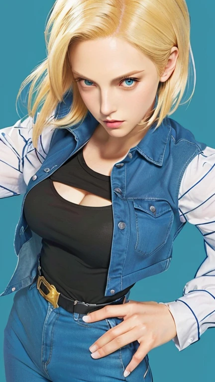 a close up of a woman in a blue shirt and black pants, android 18, annie leonhart, looking like annie leonhart, clean detailed art, clean detailed style, hyper detail illustration, style character, official art, detailed character art, official artwork, detailed fanart, cushart kenz, style hyper detailed, 3/4 bust