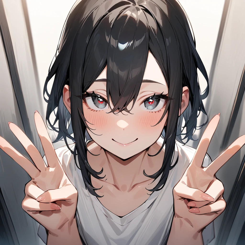nsfw,portrait,1 girl,black hair,Androgynous,medium hair,sidelocks,Covered,masterpiece,best quality,very aesthetic,absurdres,upper body,straight-on,large,Covered,Smile,double v,(upturned_eyes:1.2),From above,hands up