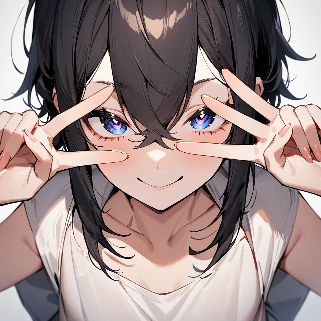 nsfw,portrait,1 girl,black hair,Androgynous,medium hair,sidelocks,Covered,masterpiece,best quality,very aesthetic,absurdres,upper body,straight-on,large,Covered,Smile,double v,(upturned_eyes:1.2),From above,hands up