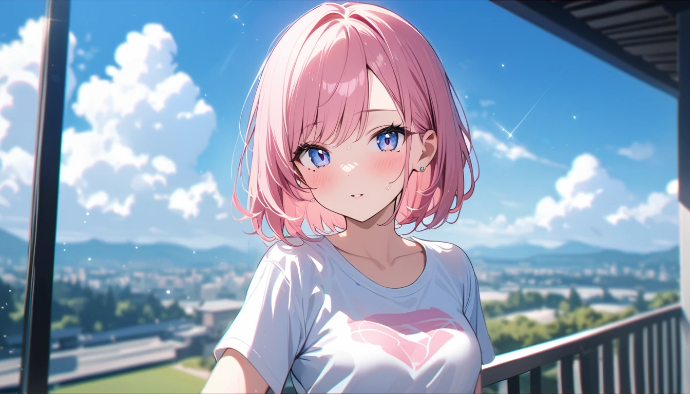 (1 girl),(Best Picture Quality, 8K, Masterpiece:1.3), (high school student:1.5), ((pink lob hair:1.1)), (bob cut),(swept bangs), (cute eyes, pupil black, iris skyblue, youthful face), (mole under right eye), (standard weight), (small breasts), (glistening skin:1.1),(pale skin:1.2),(t-shirt),((Gyaru fashion:1.3)),(wet:1.1),(blue sky, blurry, blurry background, chromatic aberration, cloud, cloudy sky, day, depth of field, glint, outdoors, sky),(magnificent view),(overlooking).