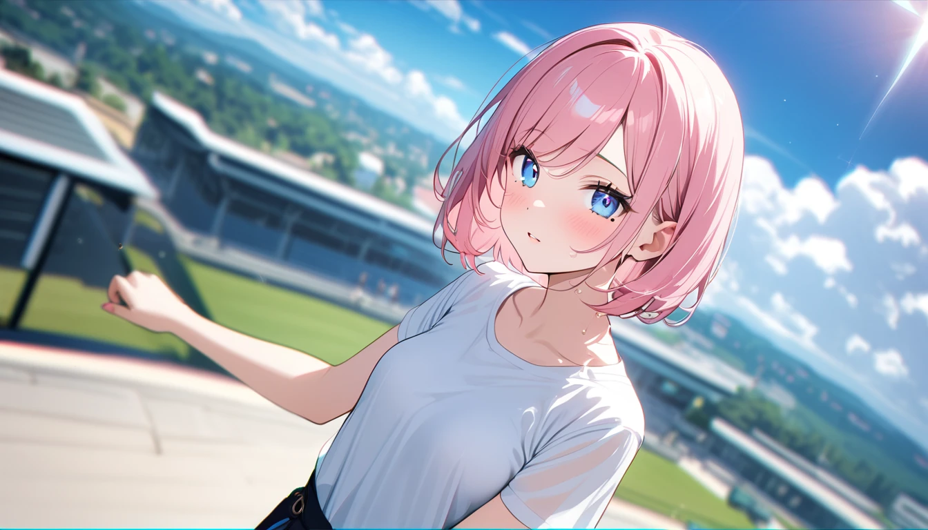 (1 girl),(Best Picture Quality, 8K, Masterpiece:1.3), (high school student:1.5), ((pink lob hair:1.1)), (bob cut),(swept bangs), (cute eyes, pupil black, iris skyblue, youthful face), (mole under right eye), (standard weight), (small breasts), (glistening skin:1.1),(pale skin:1.2),(t-shirt),((Gyaru fashion:1.3)),(wet:1.1),(blue sky, blurry, blurry background, chromatic aberration, cloud, cloudy sky, day, depth of field, glint, outdoors, sky),(magnificent view),(overlooking).