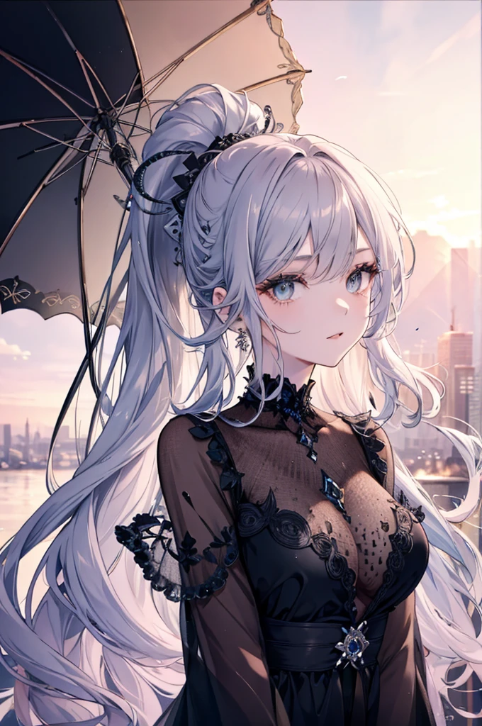 High resolution RAW color art, animation,Sculpture, Silver Marble Skin, (((Highly detailed elegant))), Magical atmosphere, Detailed skin, texture,(Exquisitely crafted, The finer details, Ultra-detailed art), Depth of written boundary, Bokeh, Silky Touch, Hyper Detail, White Background, Beautiful Eyes, Elegant face, Up to the knees, Sunset sky, View from below, eye shadow、long hair、ponytail、Black clothes、Attractive breasts、Shoulder Bare、Robe