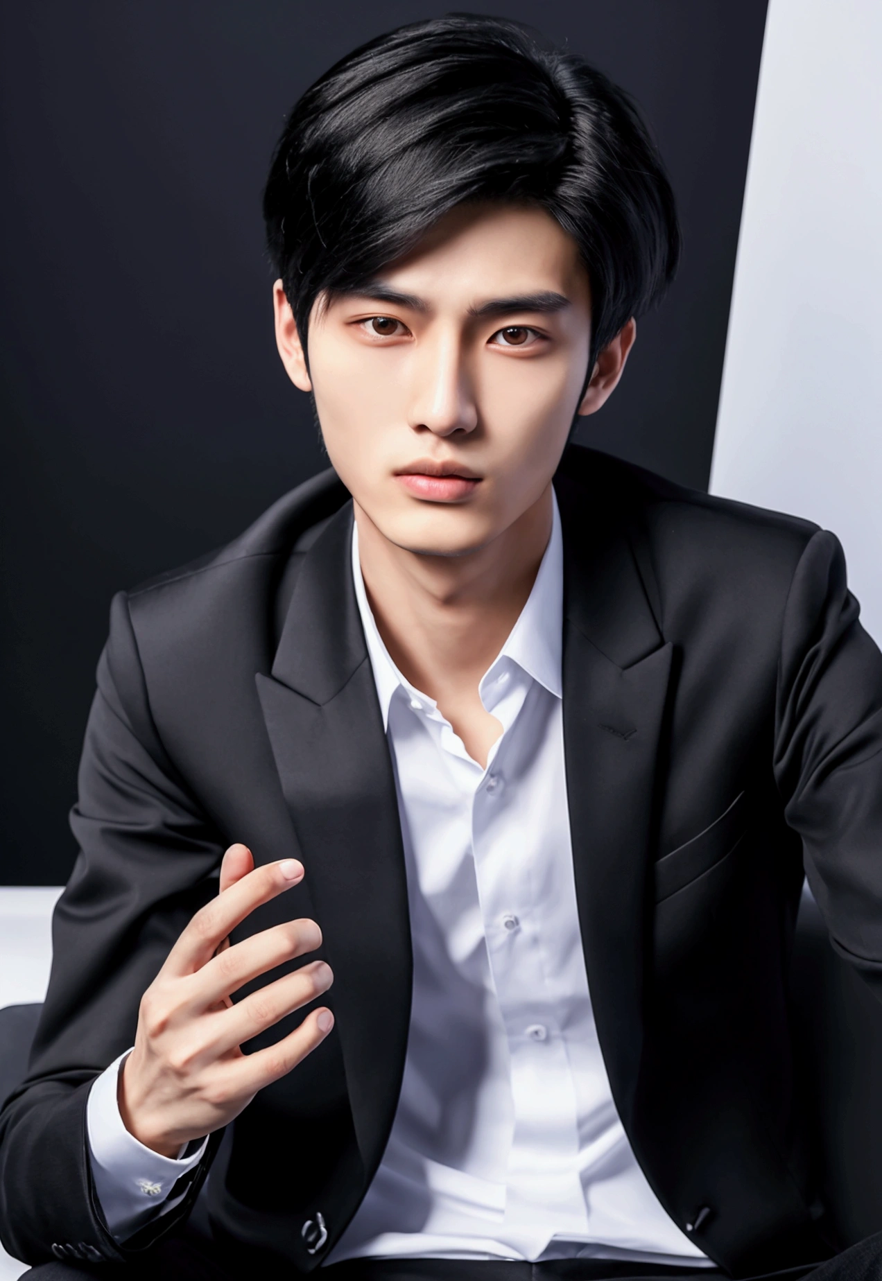 Generate an ultra realistic image of a handsome 20-year-old Chinese man, slim, slim, ectomomhe, asymmetrical face, new, CEO, passionate, serious and extremely cold countenance, CEO clothes, short black hair, face of a 20-year-old man